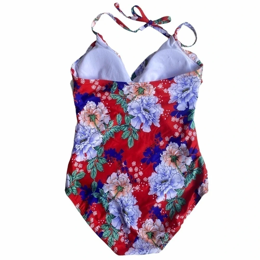 Cleanwater red multicolor floral print one piece halter ruffle bathing suit